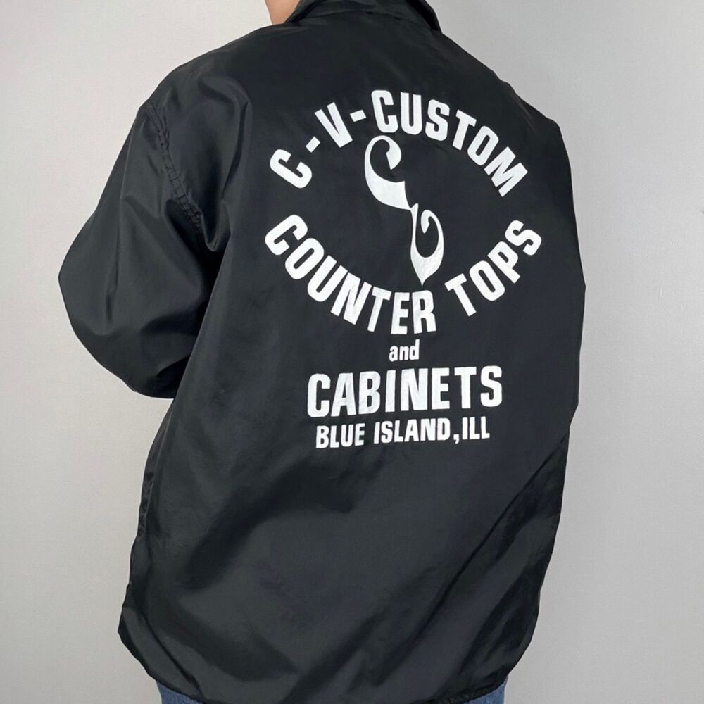 Vintage Black Coach Jacket Workwear Snap Front Windbreaker Graphic Back Pla-Jac - Picture 2 of 8